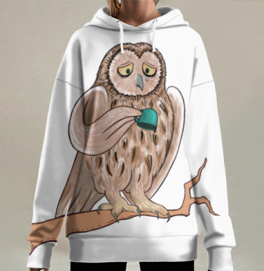 Грустная сова с чашкой кофе для утра, Hoodie Long Oversize 3D