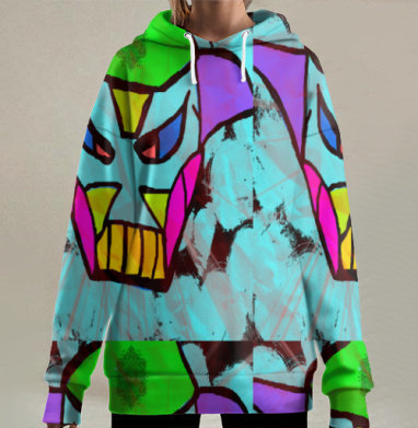 Агрессивная яркая маска в современном стиле, Hoodie Long Oversize 3D