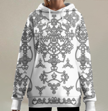 Чёрно белый геометрический сложный орнамент в стиле графики, Hoodie Long Oversize 3D