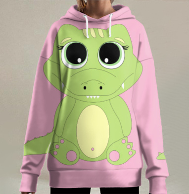Зеленый милый крокодил на розовом фоне с большими глазами, Hoodie Long Oversize 3D
