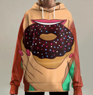 Девушка с пончиком в руке держит сладость перед лицом, Hoodie Long Oversize 3D