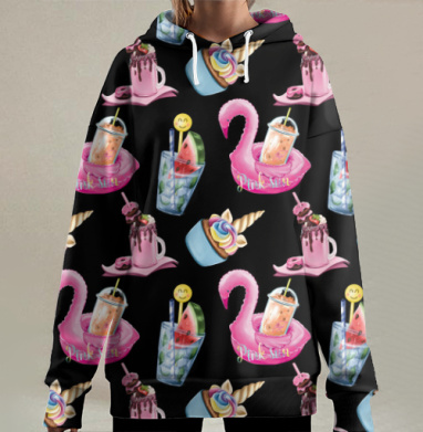 Яркие сладкие напитки летом с фламинго розовом кольце, Hoodie Long Oversize 3D