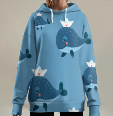 Мягкий кит с бумажным корабликом — символ мечты, Hoodie Long Oversize 3D