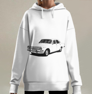 Белый советский автомобиль ретро на сером фоне, Hoodie Long Oversize 3D