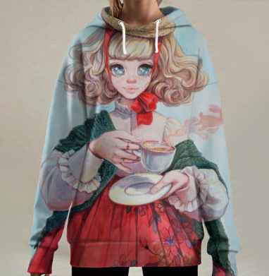 Tea Party Girl / Девочка с чаем в красном платье весна и волшебство, Hoodie Long Oversize 3D