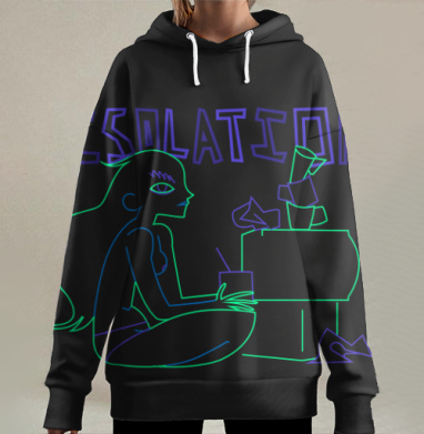 Неоновая изоляция задумчивая женщина чашки на полу, Hoodie Long Oversize 3D