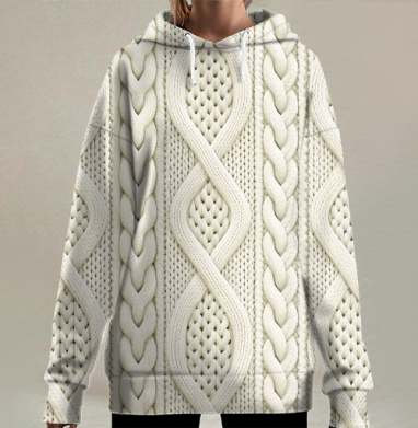 Вязаный узор с косами и молочными нитями, Hoodie Long Oversize 3D