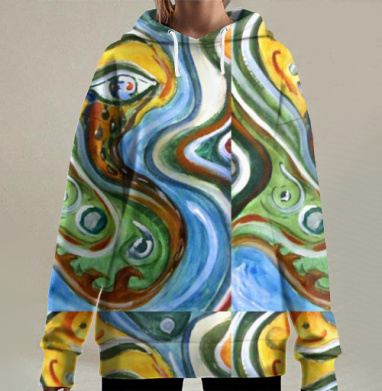 Глаз с потоком слёз в зелёно голубой палитре абстрактного сюрреализма, Hoodie Long Oversize 3D
