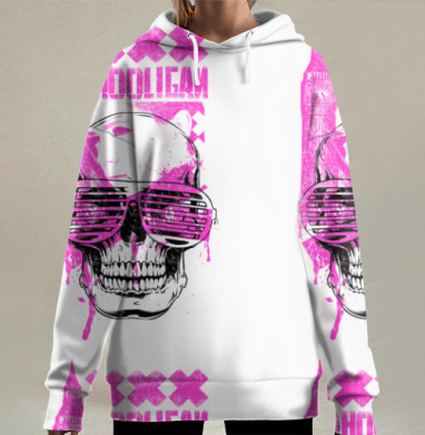 Яркий череп в очках с надписью на фоне Лондона Хулиган, Hoodie Long Oversize 3D
