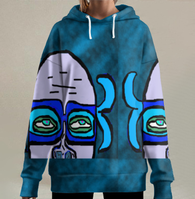 Саркастический череп с голубыми рогами и глазами, Hoodie Long Oversize 3D
