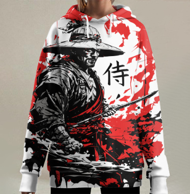 Мощный самурай с катаной на фоне красного взрыва, Hoodie Long Oversize 3D