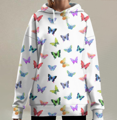 Яркие разноцветные бабочки на белом фоне бабочки на белом фоне, Hoodie Long Oversize 3D
