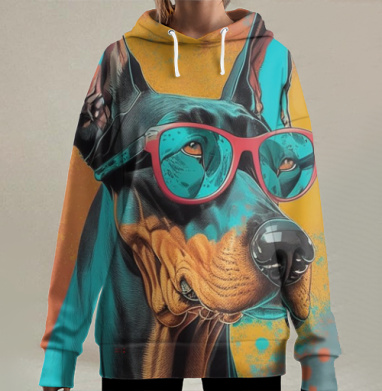 Доберман в красных очках Бирюзовый Оранжевый Черный, Hoodie Long Oversize 3D