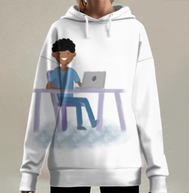 Молодой человек за ноутбуком синий сиреневый серый, Hoodie Long Oversize 3D