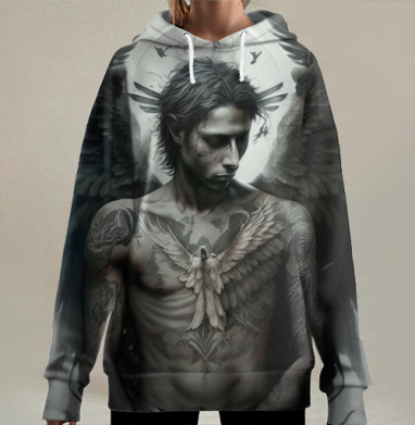 Мрачный ангел задумчивый парень с крыльями спиной, Hoodie Long Oversize 3D