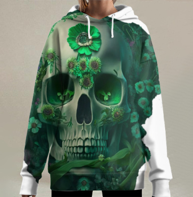 Череп с зелёными цветами в мистическом окружении, Hoodie Long Oversize 3D