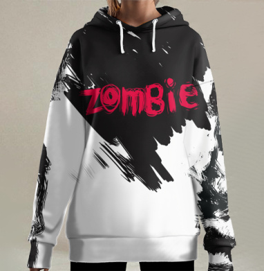 Зомби черепа красный текст мрачный фон, Hoodie Long Oversize 3D