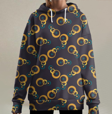 Геометрический узор с кругами в ярко жёлтых синих тонах, Hoodie Long Oversize 3D