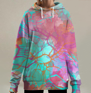 Яркие бирюзовые оранжевые ветви энергия сети, Hoodie Long Oversize 3D