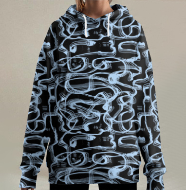 Голубые линии динамичный бесконечный узор на черном, Hoodie Long Oversize 3D