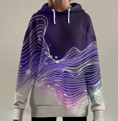Фиолетовые волны абстракция цифровой свет плавность, Hoodie Long Oversize 3D