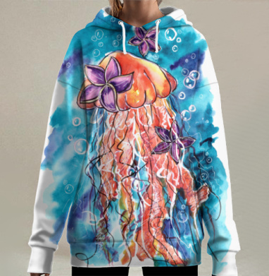 Яркая медуза с морскими звездами в акварели, Hoodie Long Oversize 3D