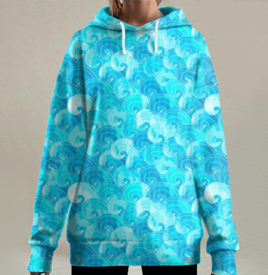 Декоративный узор волн в синих тонах, Hoodie Long Oversize 3D