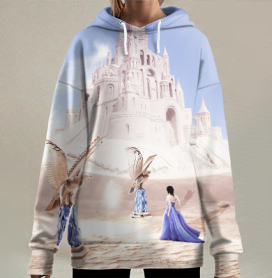 Женщина в синем платье идёт к величественному белому замку, Hoodie Long Oversize 3D