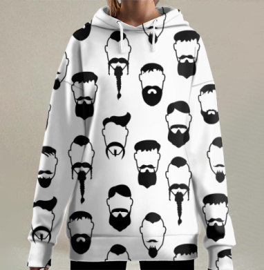 Разные стили бород усов причесок черно серый фон, Hoodie Long Oversize 3D