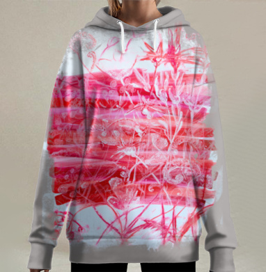 Красно розовый флористический узор на сером фоне, Hoodie Long Oversize 3D