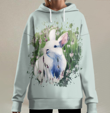 Белый зайчик на лугу, Hoodie Long Oversize 3D
