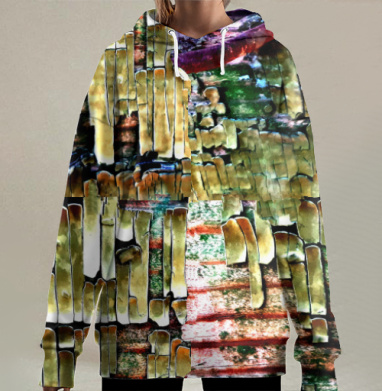 Золотисто зеленые оттенки старой древесины крупные трещины материал, Hoodie Long Oversize 3D