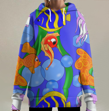 Яркое подводное плавание с разноцветными драгоценными морскими животными, Hoodie Long Oversize 3D