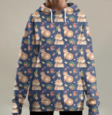Новогодний милый бычок на темно синем фоне, Hoodie Long Oversize 3D