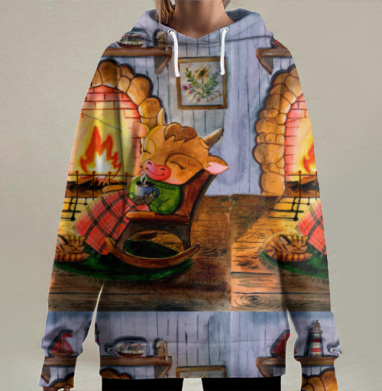 Счастливый мультяшный бычок уютный вечер камин, Hoodie Long Oversize 3D