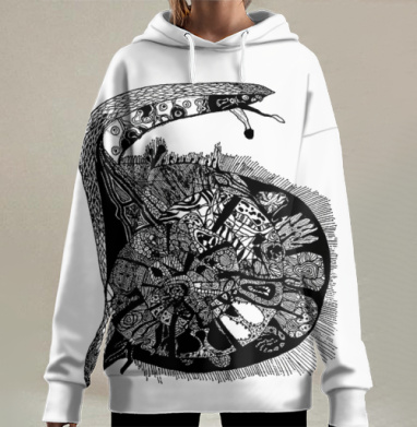 Черно-белая абстракция спиральный узор загадочная глубина, Hoodie Long Oversize 3D