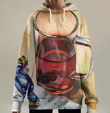 Чашка горячего чая с конфетой на деревянном столе, Hoodie Long Oversize 3D