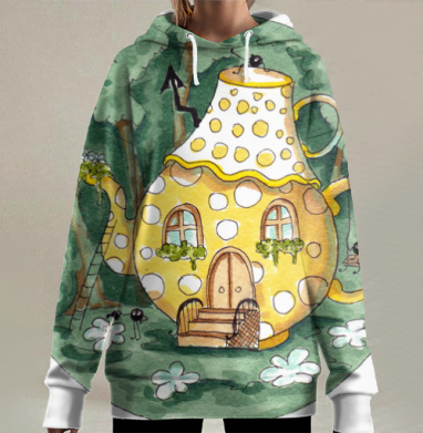 Чайник-домик: волшебство и уют в акварели, Hoodie Long Oversize 3D