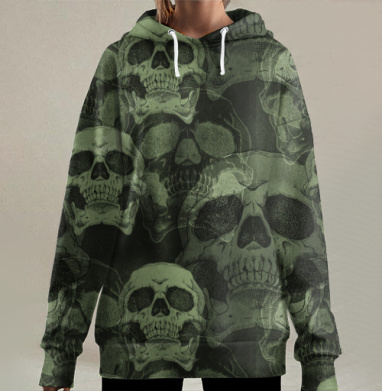 Череп. Хаки, Hoodie Long Oversize 3D