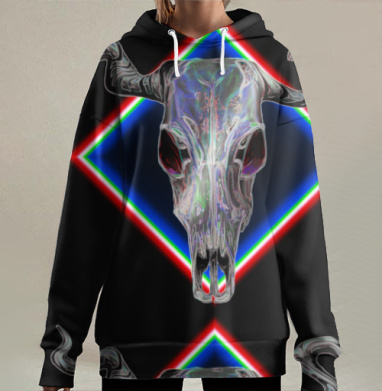 Череп быка с неоновым светом и динамичным свечением, Hoodie Long Oversize 3D