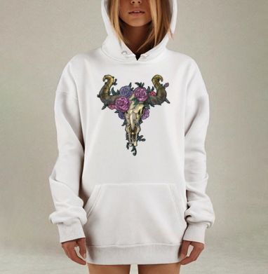 Череп с рогами и цветами сочная природная гармония, Hoodie Mjhigh Dig, оверсайз, утепленная
