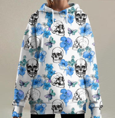 Черепа и голубые цветы с бабочками, Hoodie Long Oversize 3D