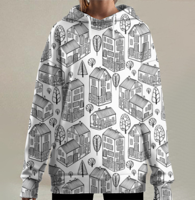 Графический узор с домами и деревьями в минимализме, Hoodie Long Oversize 3D