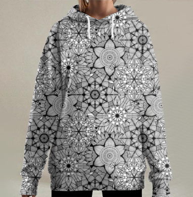 Черно-белая текстура в мандалы, Hoodie Long Oversize 3D