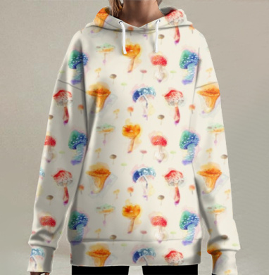 Акварельные грибы в нежных оттенках природы, Hoodie Long Oversize 3D