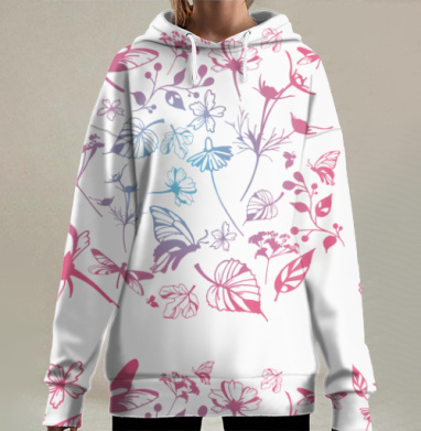 Нежные цветы бабочки плавный переход мягкие тона, Hoodie Long Oversize 3D