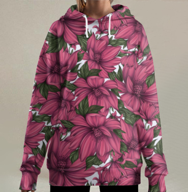 Розовые цветы с зелеными листьями на светло розовом фоне, Hoodie Long Oversize 3D