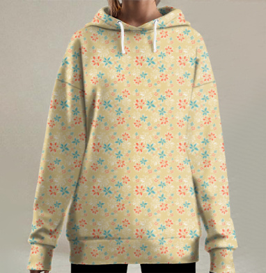 Акварельный нежный цветочный узор в бежевых красных синих тонах, Hoodie Long Oversize 3D