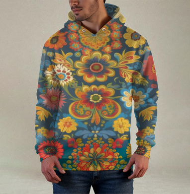 Насыщенный фольклорный цветочный узор на синем фоне, Худи / Мужская / С карманом / 3D