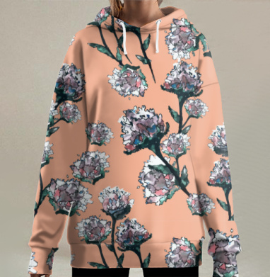 Цветущие ветки сирени на персиковом фоне нежная весенняя композиция, Hoodie Long Oversize 3D